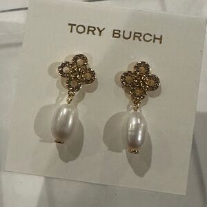 Tory Burch Gold and White Floral Pearl Earrings